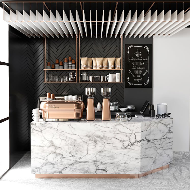 Cafe design 5. Coffee, coffee maker, coffee machine, coffee point, coffee grinder, dishes, marble, panels