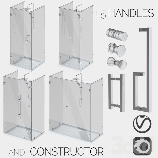 Glass shower cabins, designer and a set of handles