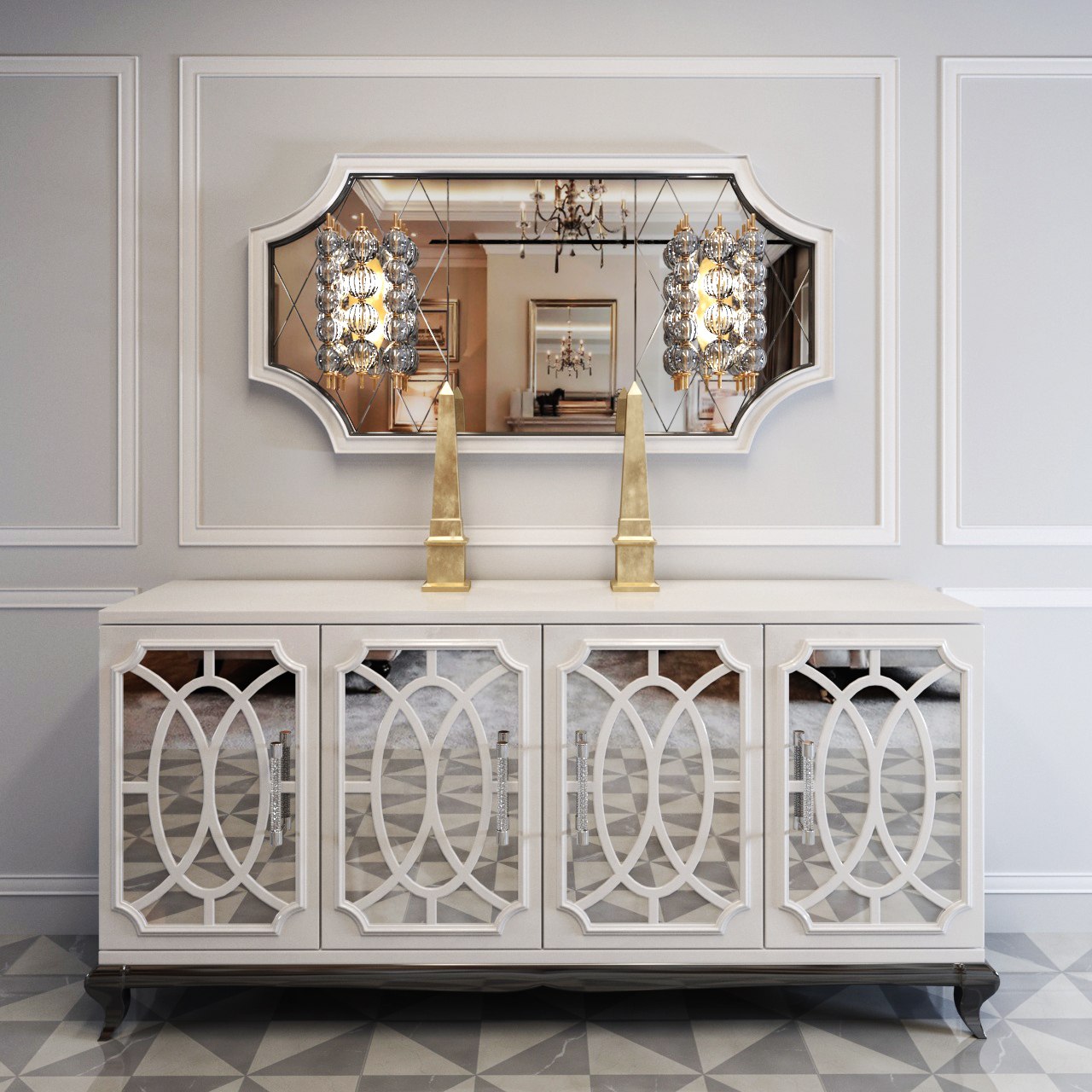 High End Italian White Fretwork Mirrored Sideboard
