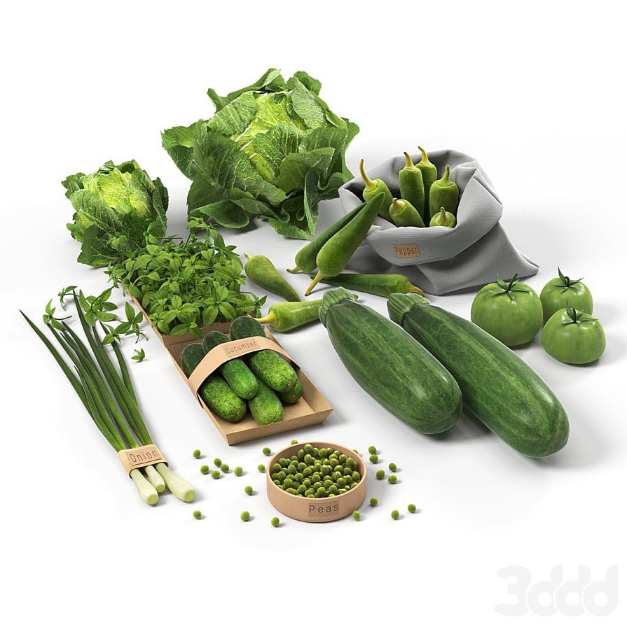 Set with green vegetables: cabbage, cucumbers, peppers, zucchini, onions, tomatoes, peas