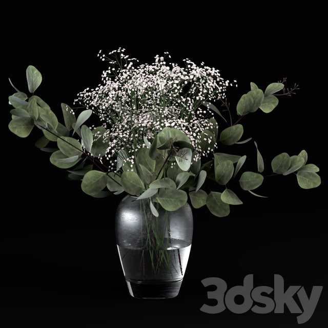 Bouquets of eucalyptus with flowers and grass vase