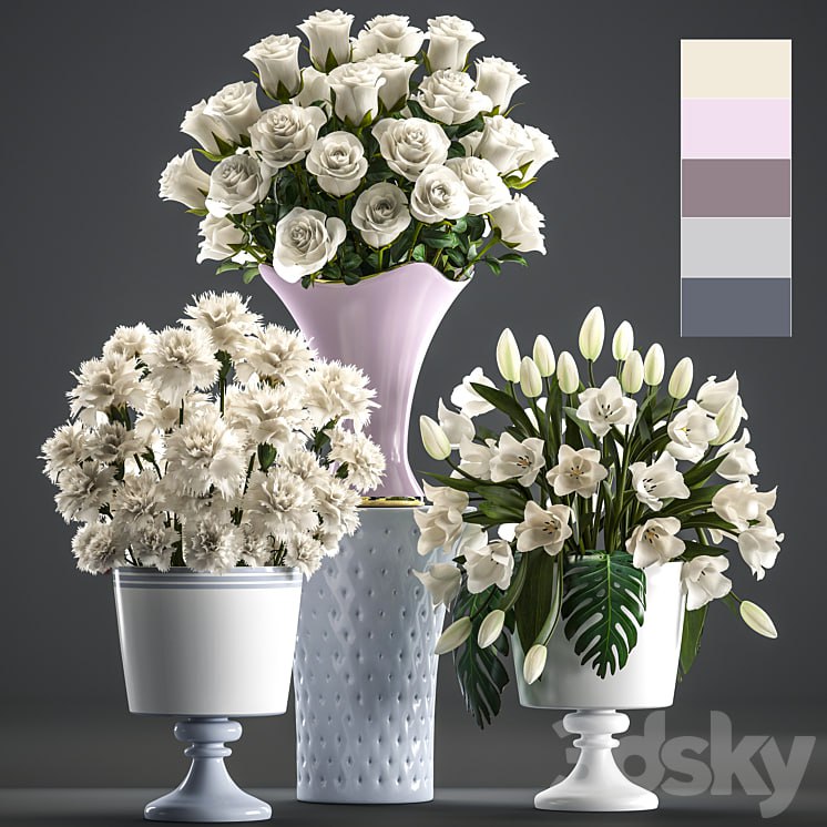 Set of white flowers 58. White bouquets, pot, flowerpot, white tulips, white roses, carnation, vase