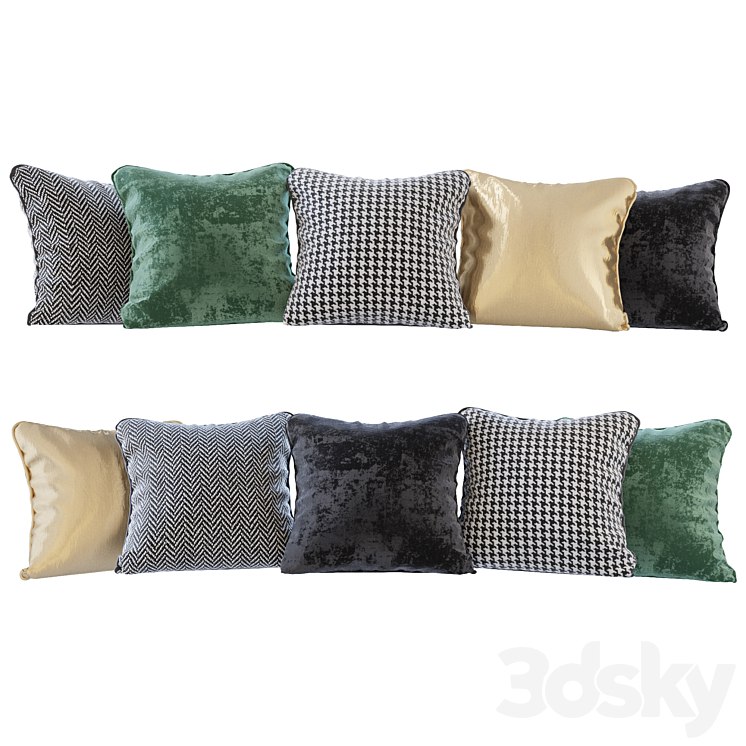 A set of pillows: black, green velvet, chevron, goose paw and gold (Pillows black green velvet chevron houndstooth and gold)