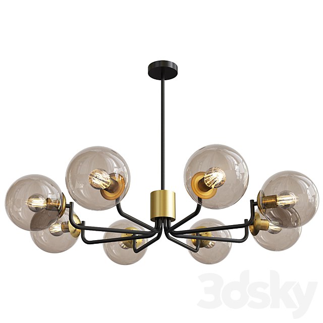 8 head brass and black chandelier with radial design