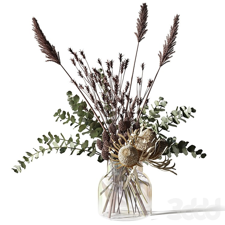 Bouquet with eucalyptus, bankxias and tall grass in a glass vase