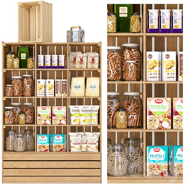 Showcase in a supermarket with nuts, cereals and dry breakfasts
