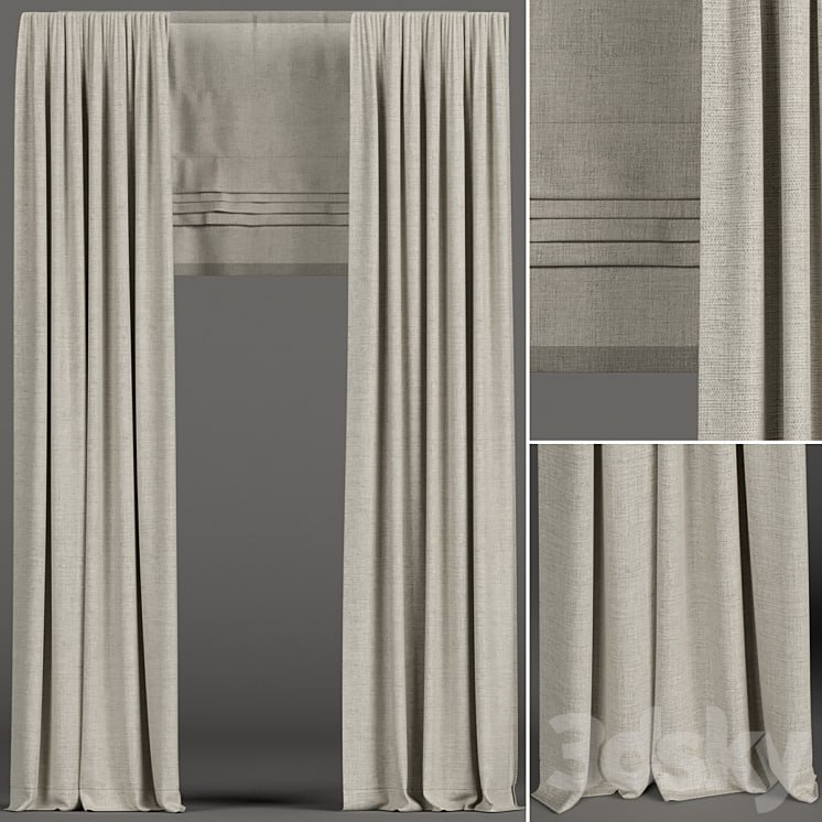 Narrow beige curtains with roman shades.
