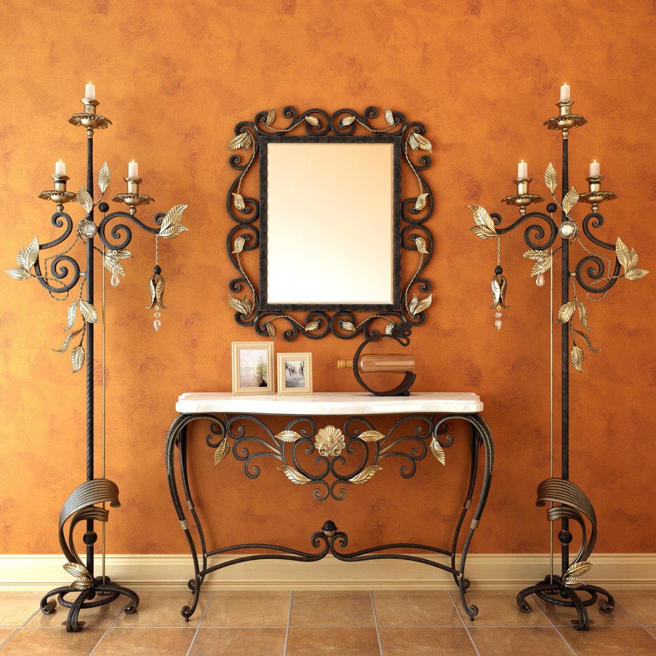 Wrought iron console with a floor lamp