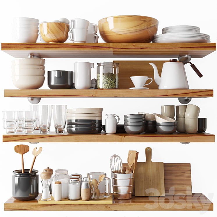 A set of dishes and kitchen utensils. Plate, teapot, glass, plate