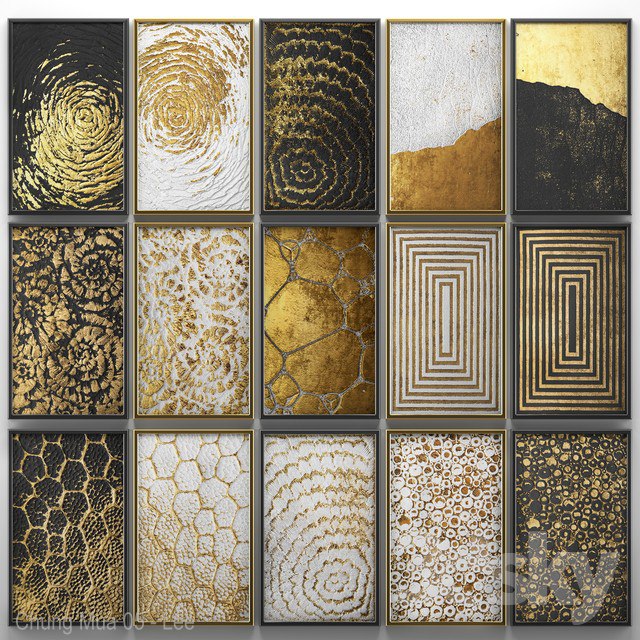 A collection of paintings. Gold. five. wall decor, a set of paintings, luxury, panels, gold, white, black, set, decorative, abstraction, pattern