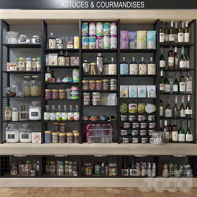 Showcase with spices, alcohol and groceries in the supermarket. Food