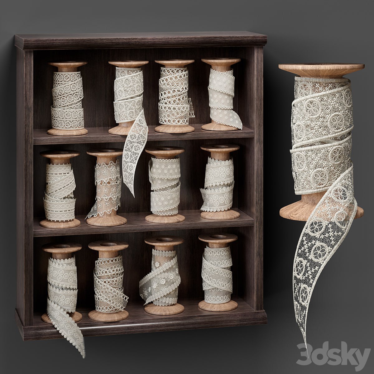 Shelf with spools of lace