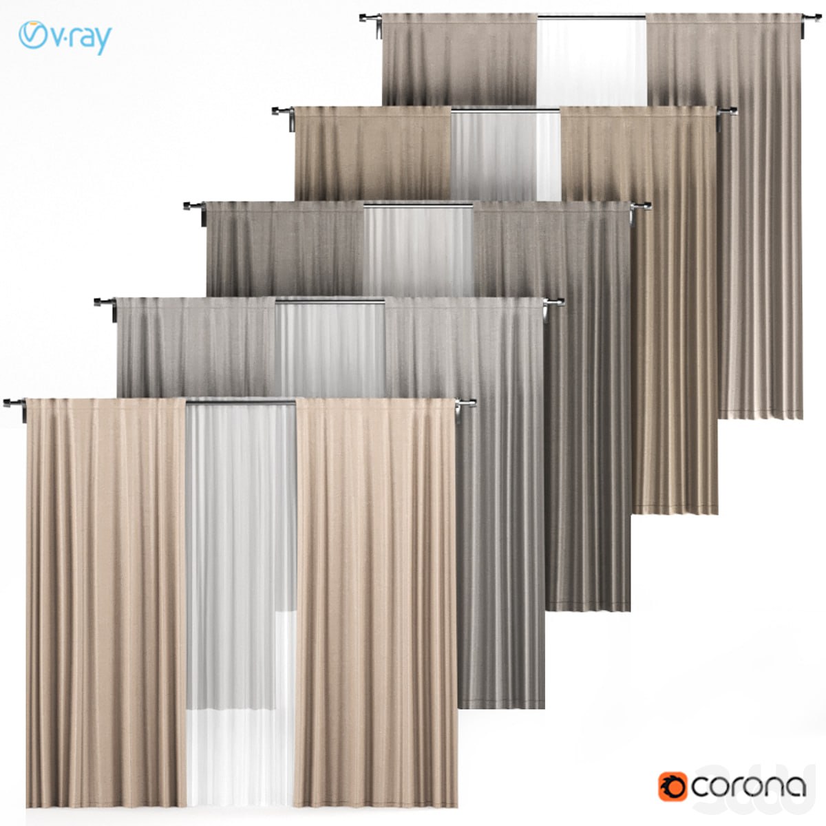 A series of five brown and gray curtains with white tulle.