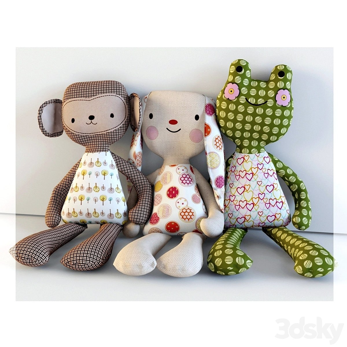 Textile toys monkey, hare, frog