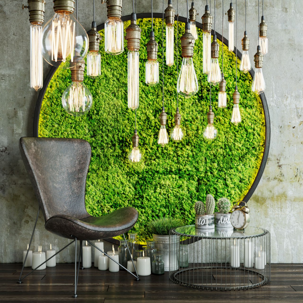 Decor set with moss and lamps
