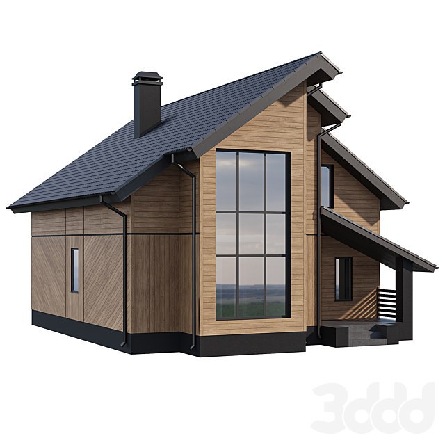 Two-storey wooden house with a complex pitched roof