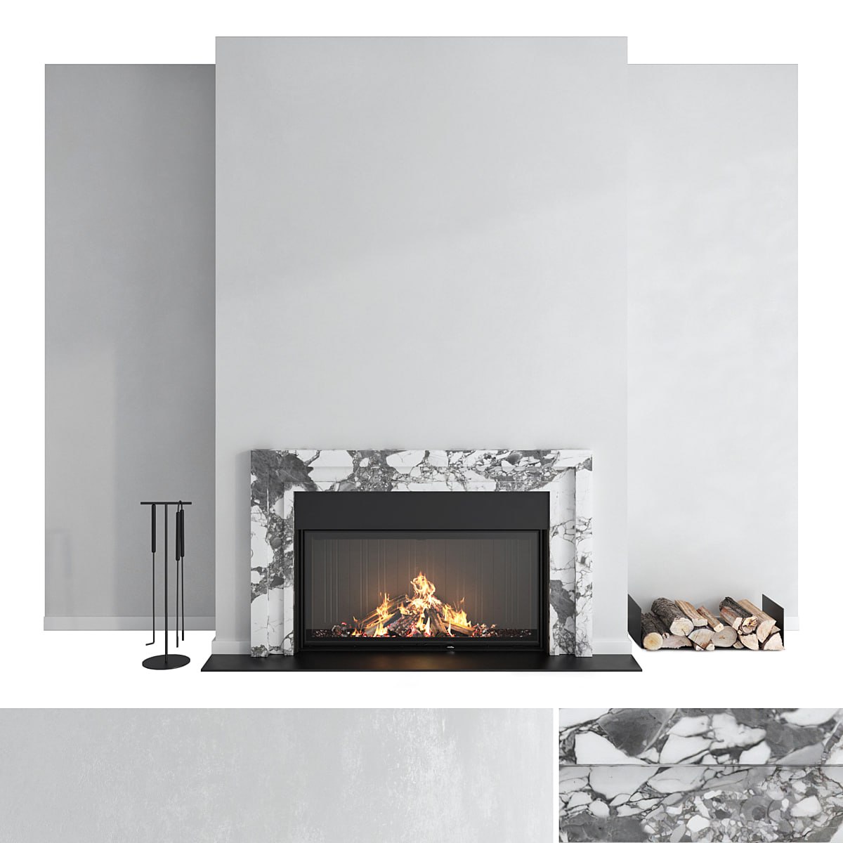 Decorative wall with fireplace set