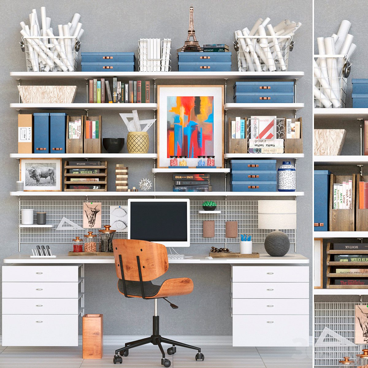 Collection of office furniture. Table with chair and stationery 10