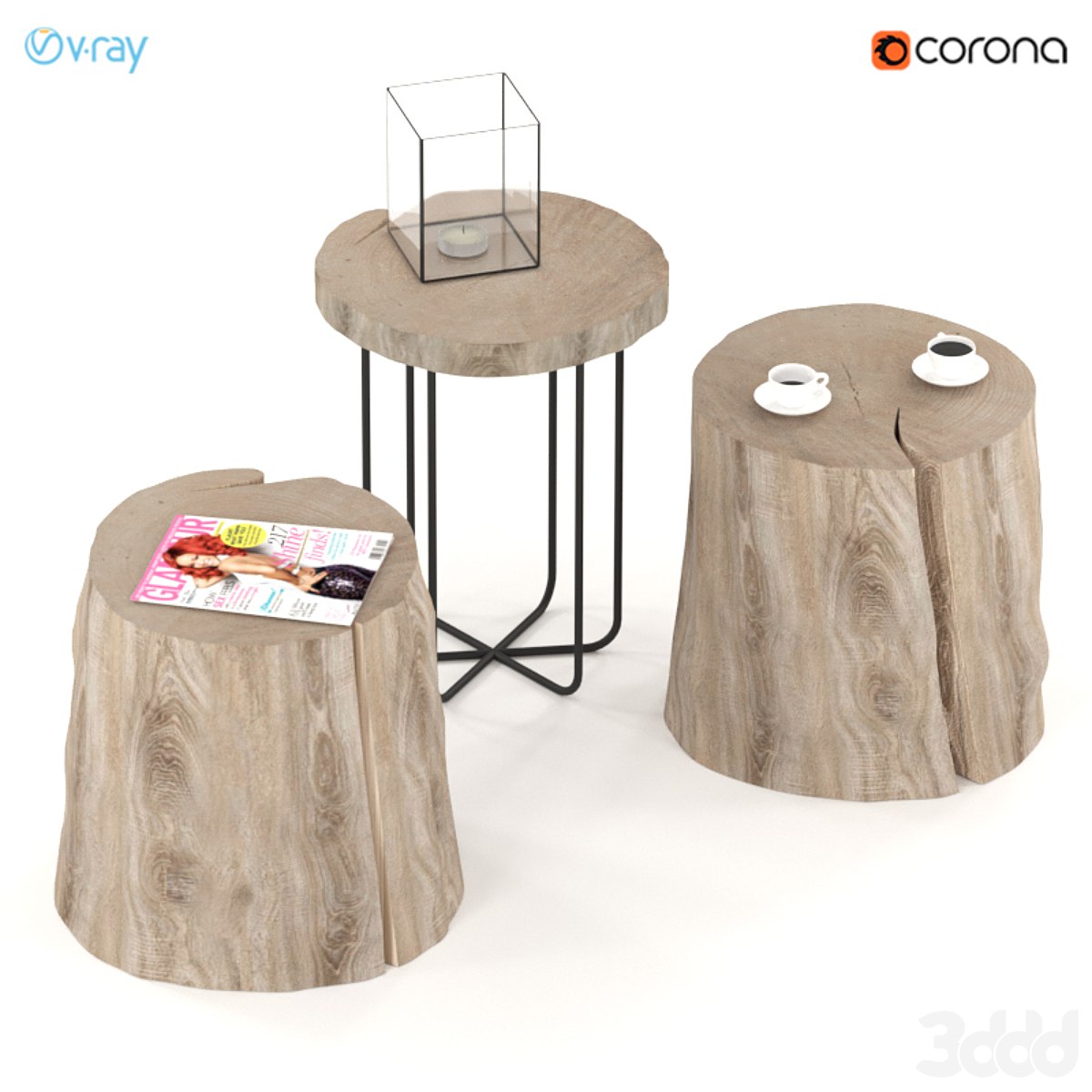 Three tables of stumps and slabs on metal legs.