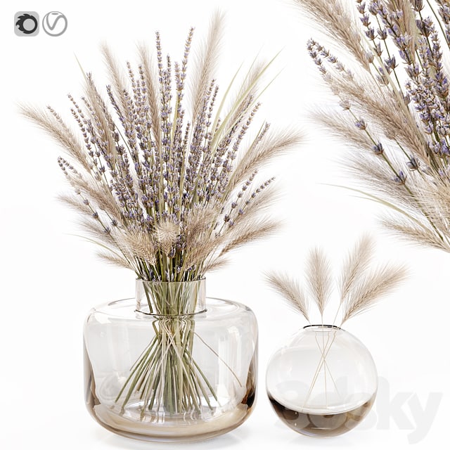 Dry flowers in glass vase with lavender