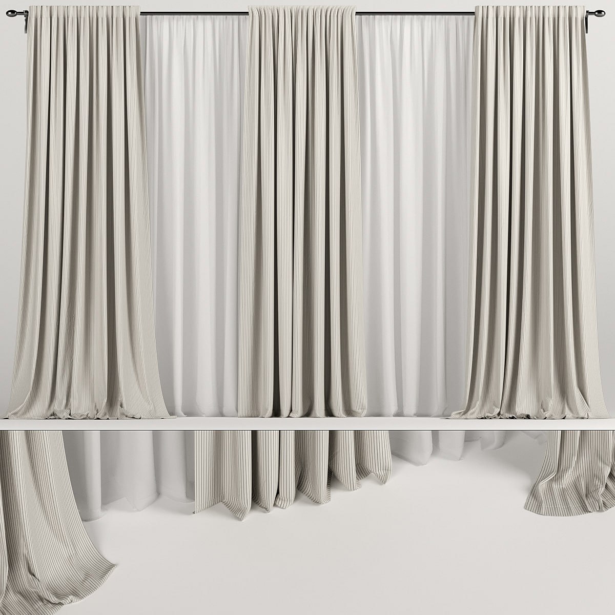 Wide brown curtains with tulle.