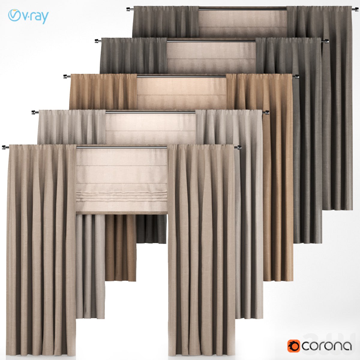 A set of five brown curtains.