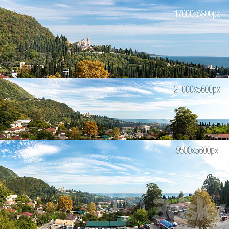 3 Panoramas. Black Sea, Abkhazia. New Athos