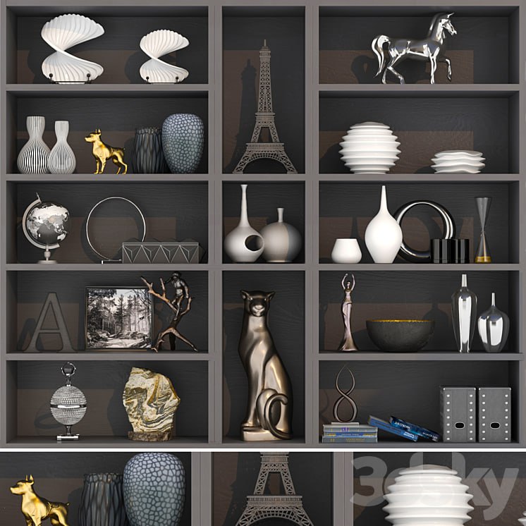 Wardrobe with a set of home decor and figurines in a modern style