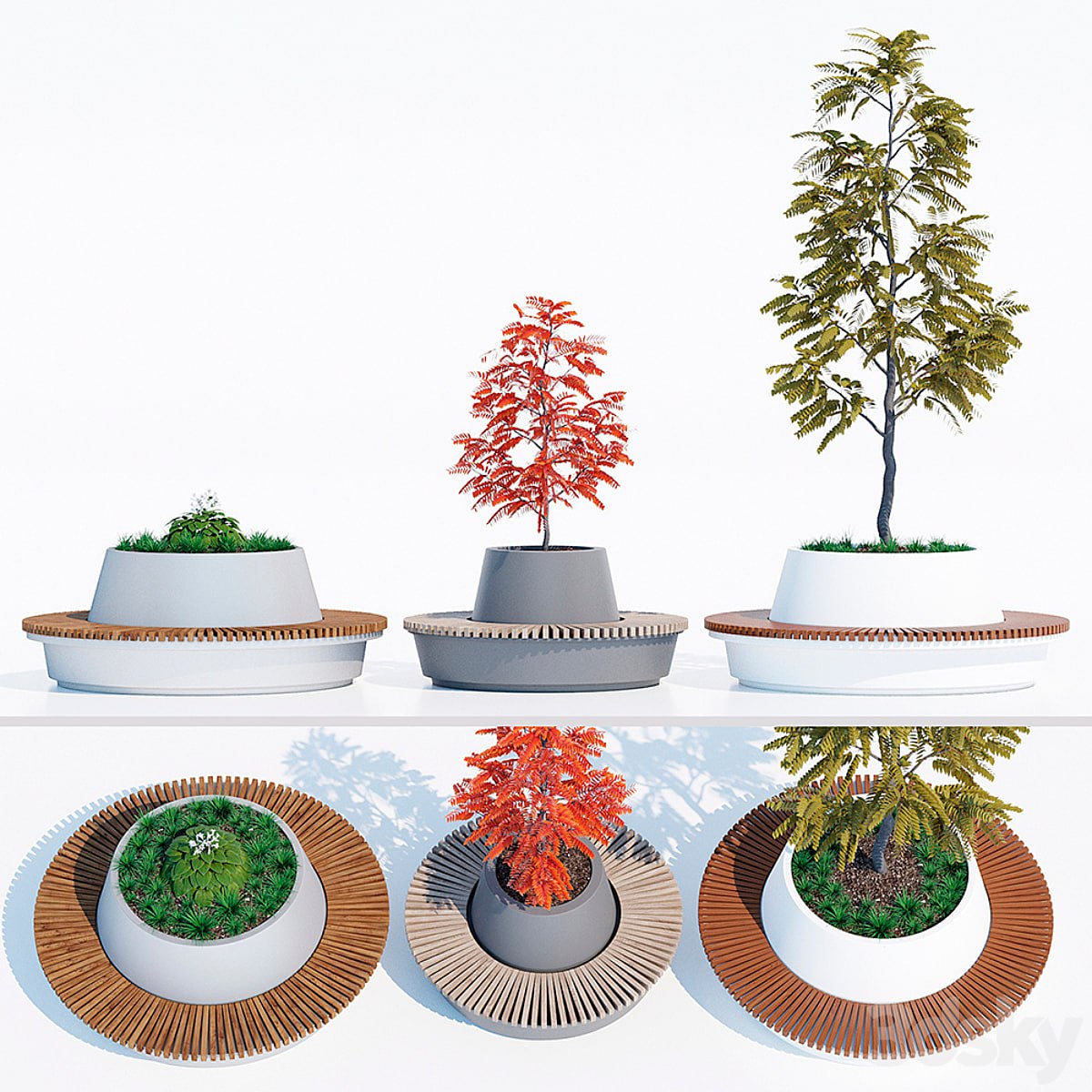 Green circular benches