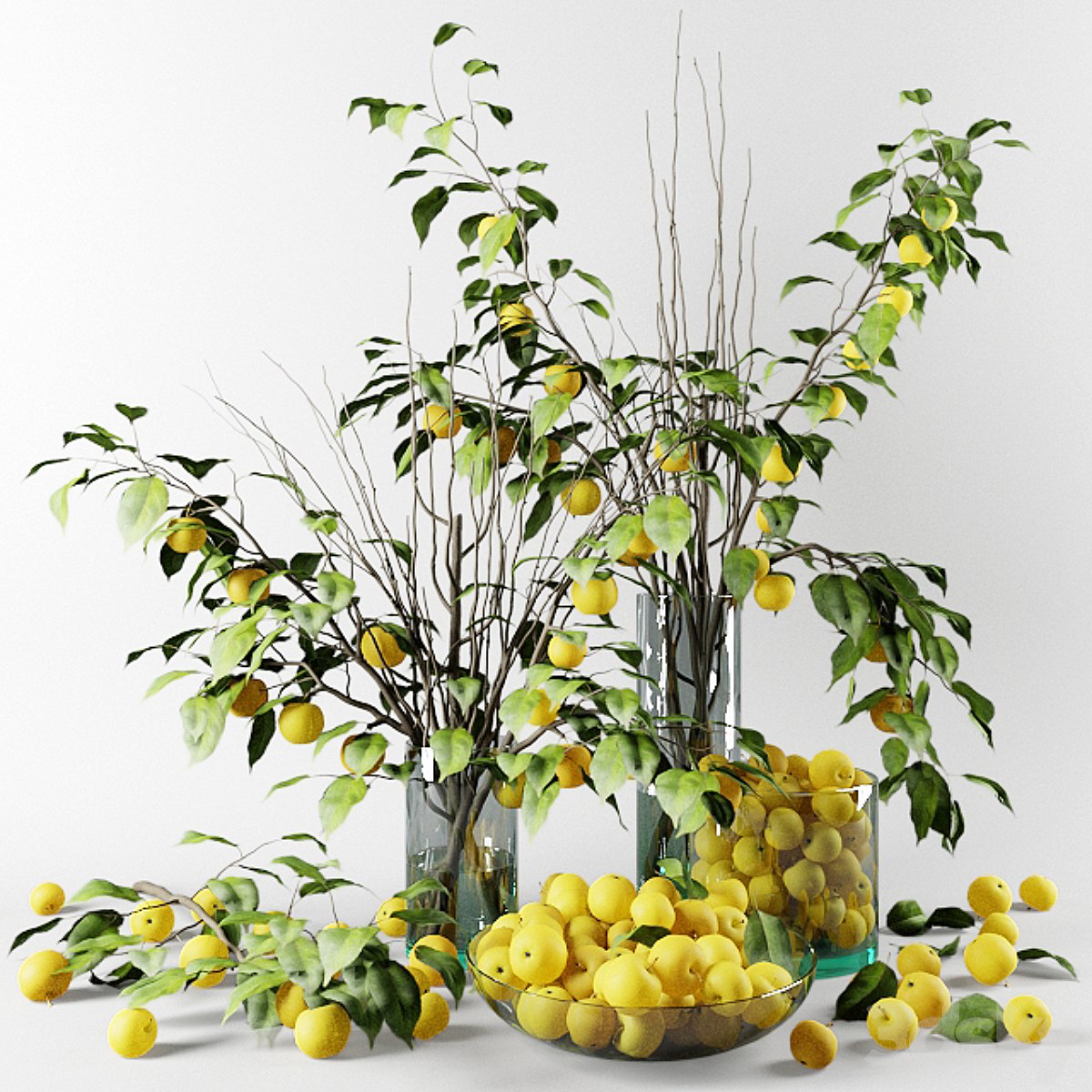 Bouquet of Chinese apple tree branches with yellow apples