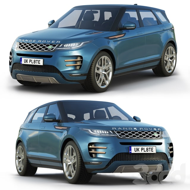 The 3d model of the land rover evoque is shown in two different views