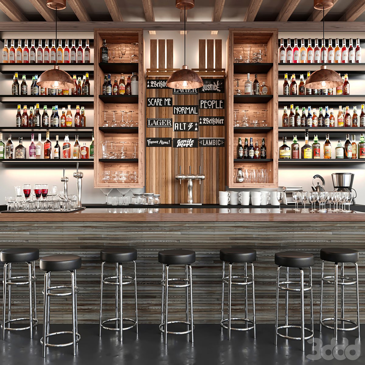 A large bar with alcohol and cocktails in ethnic style. Bar