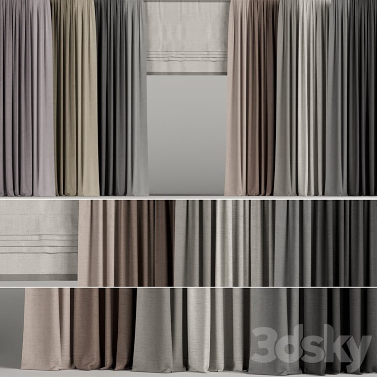 A set of curtains in different colors with a roman curtain.