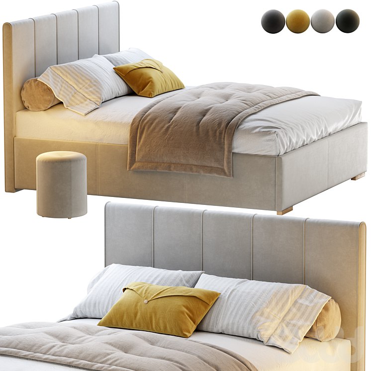 Bed Sharon 160 Velvet Milk / olive / yellow / gray with pouffe Kofi Divanru