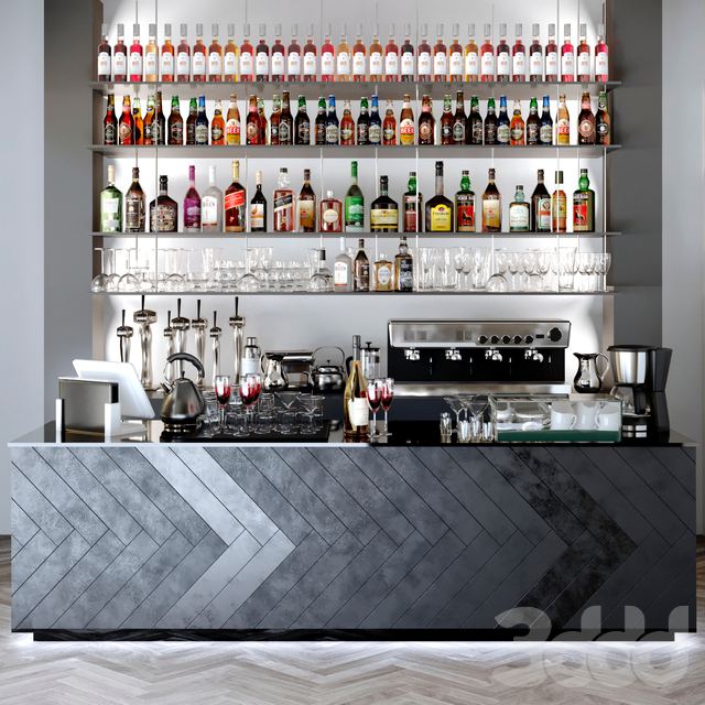 Bar counter with sets of alcohol. Alcohol, drink, cocktail, pub, bar, coffee