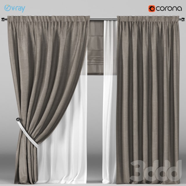 Brown curtains in the background with white tulle + Roman blinds