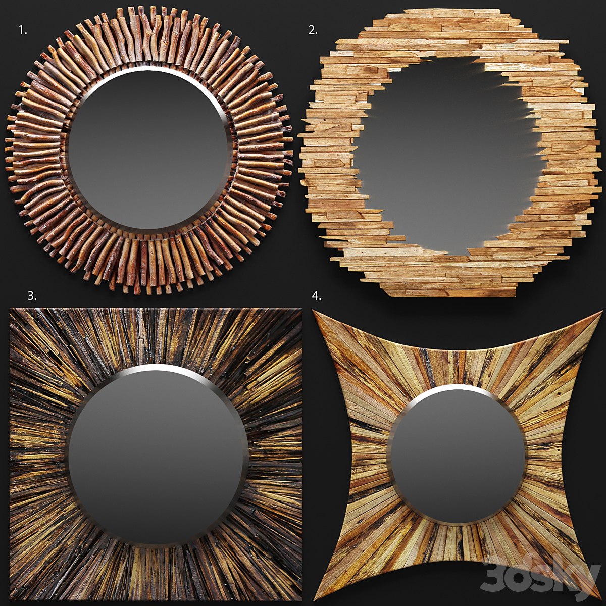 A set of mirrors tree. round, wooden, eco style, design