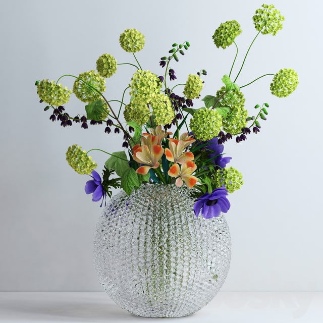Viburnum, anemones, alstromeria and fritilaria persica