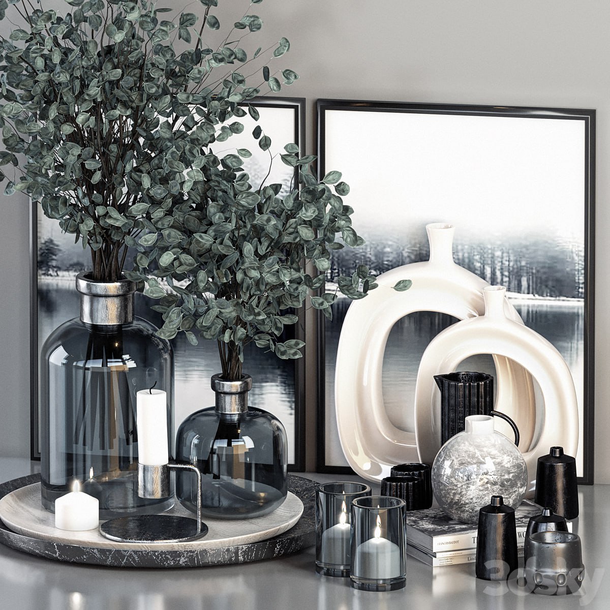 Decorative Set 13 - Dark Blue Glasses and Branches with Picture Frame