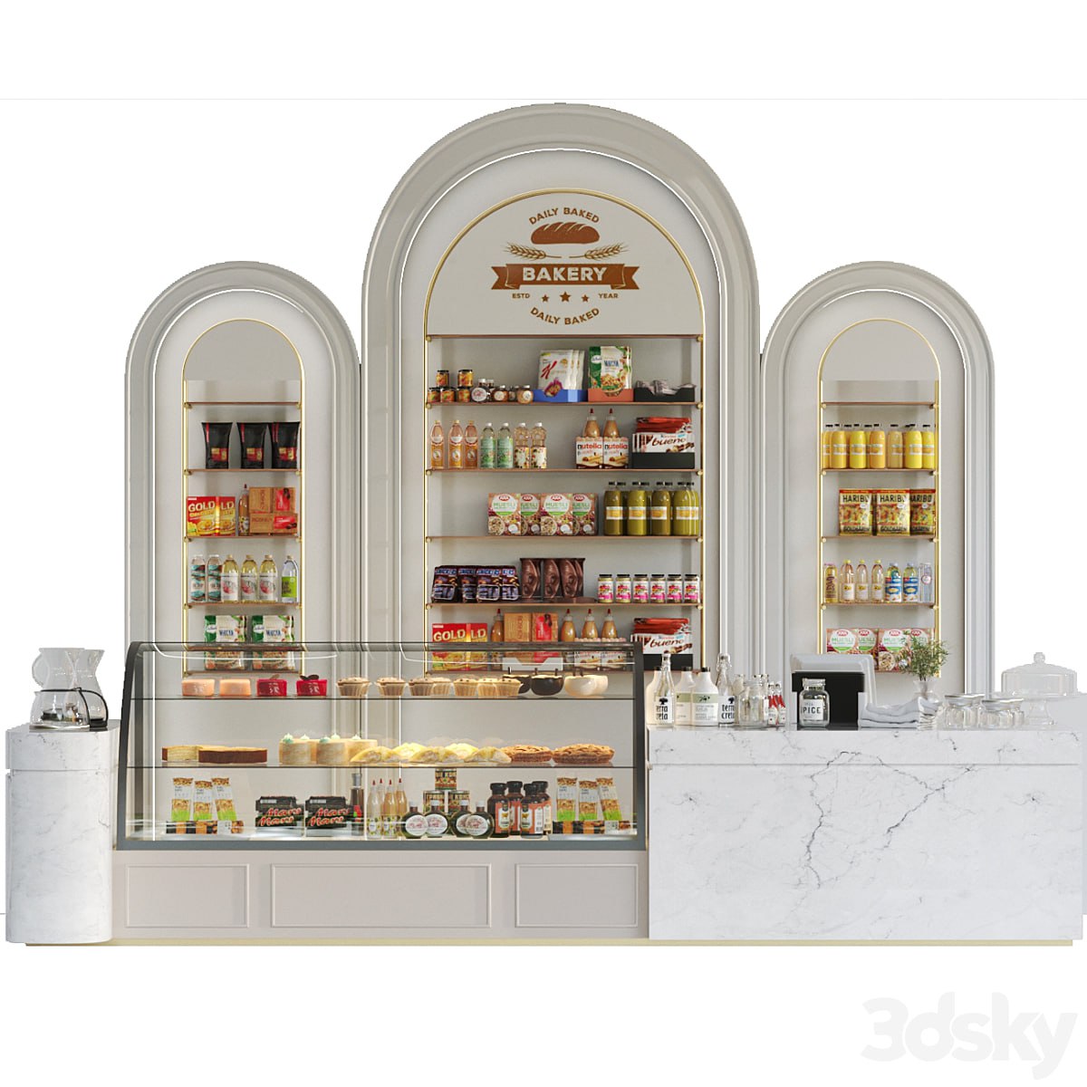 Design project of a coffee house in a classic style with a showcase with desserts and sweets