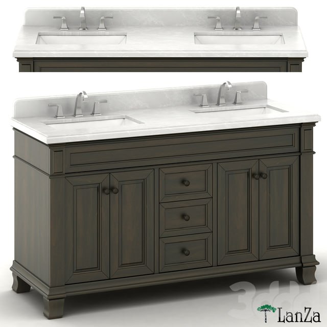Double sink wooden vanity with metal faucet