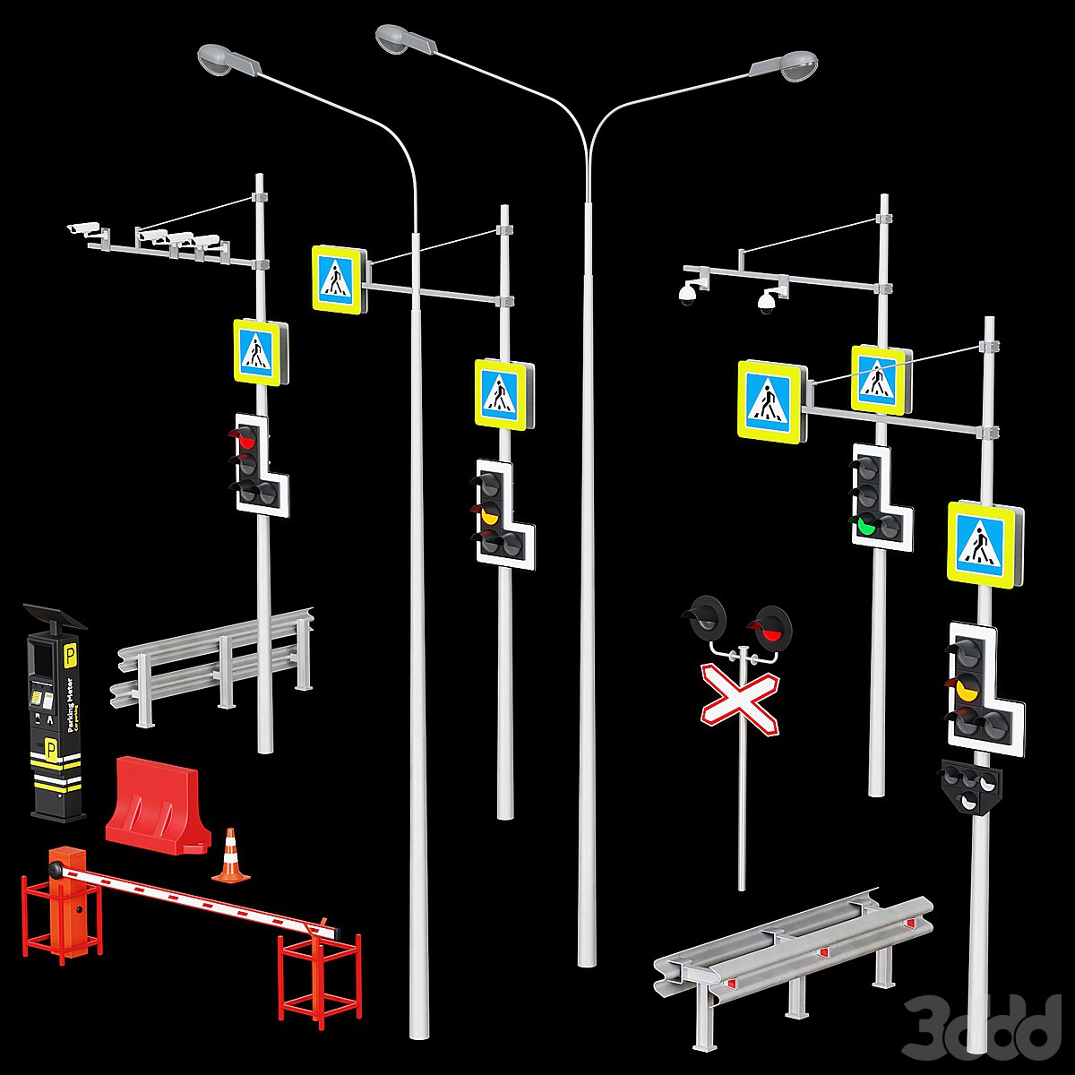 Road elements. Fences, traffic lights, cameras, parking meters