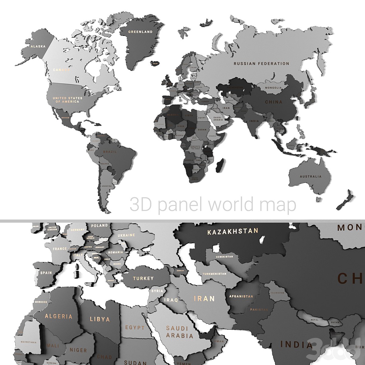 Wooden panel - world map GRAY