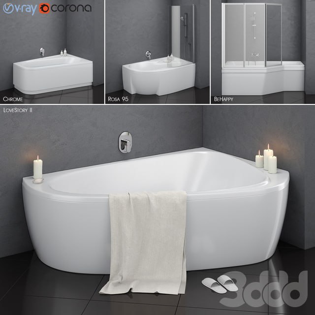Set of asymmetric baths Ravak set 14 (LoveStory II, Chrome, Rosa 95, BeHappy)
