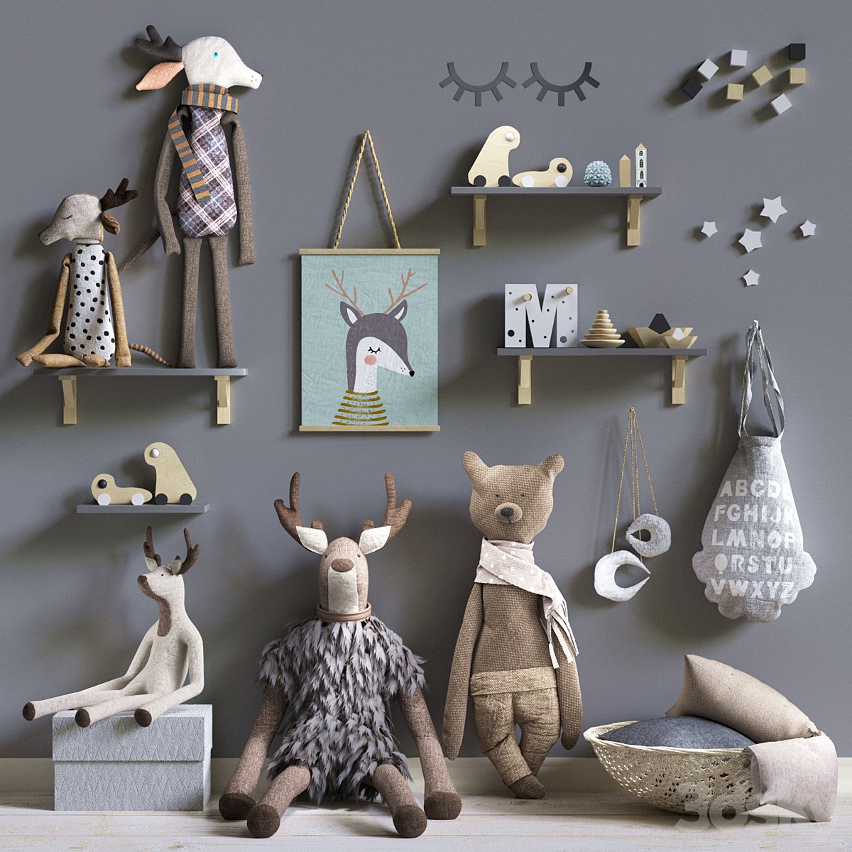 set of soft toys in scandinavian style