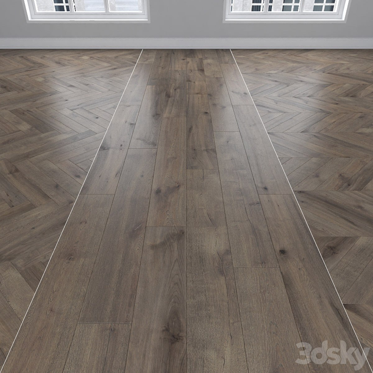 Parquet Oak smoky, 3 types: herringbone, linear, chevron.