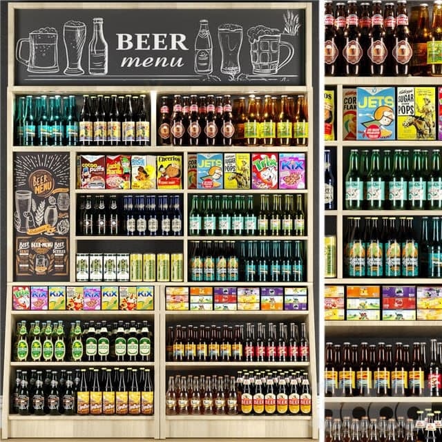 Large shelf in the supermarket with beer and cider