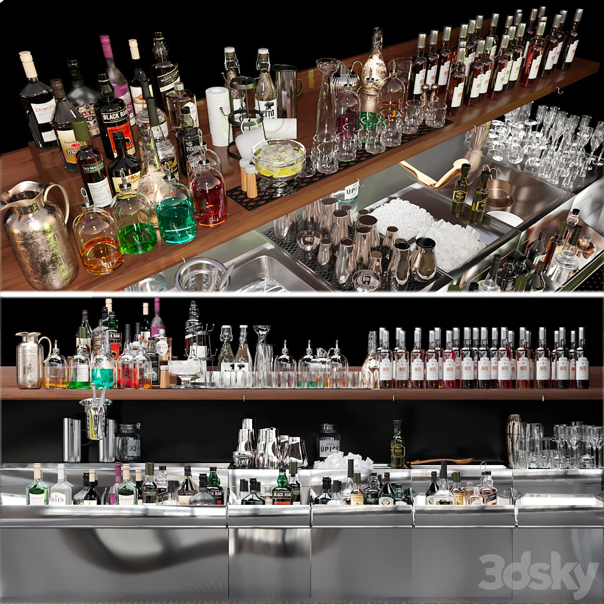 Bar counter with elite alcohol and cocktails. The pub