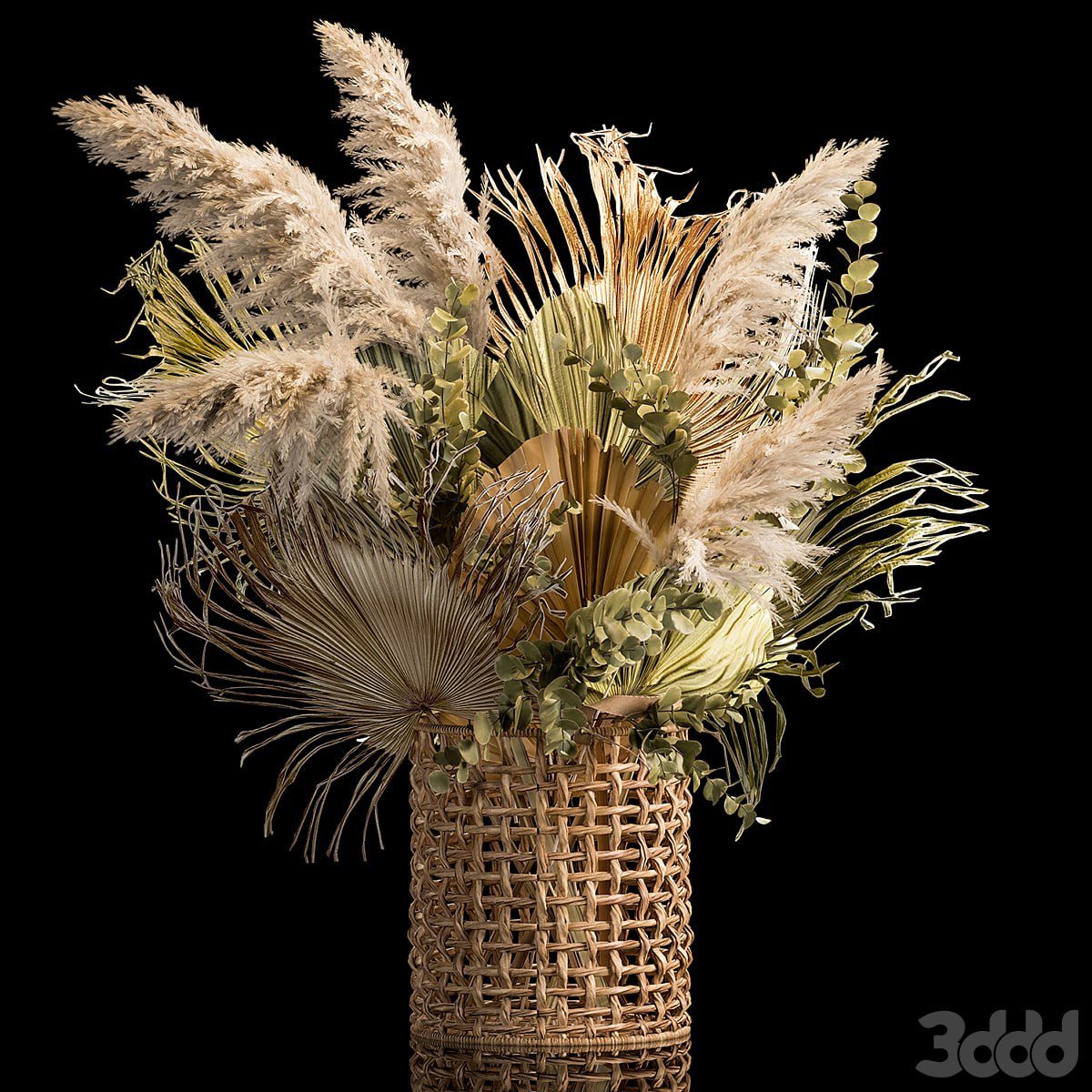 Installation bouquet pampas grass in a wicker basket of twigs, dry leaves, dried flower. 239
