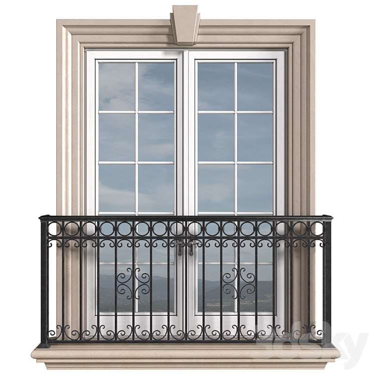 Classical front window with a French balcony.Classical Forged Fence. frame window